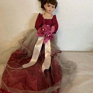 Porcelain Doll in Deep Burgundy and Pink Gown